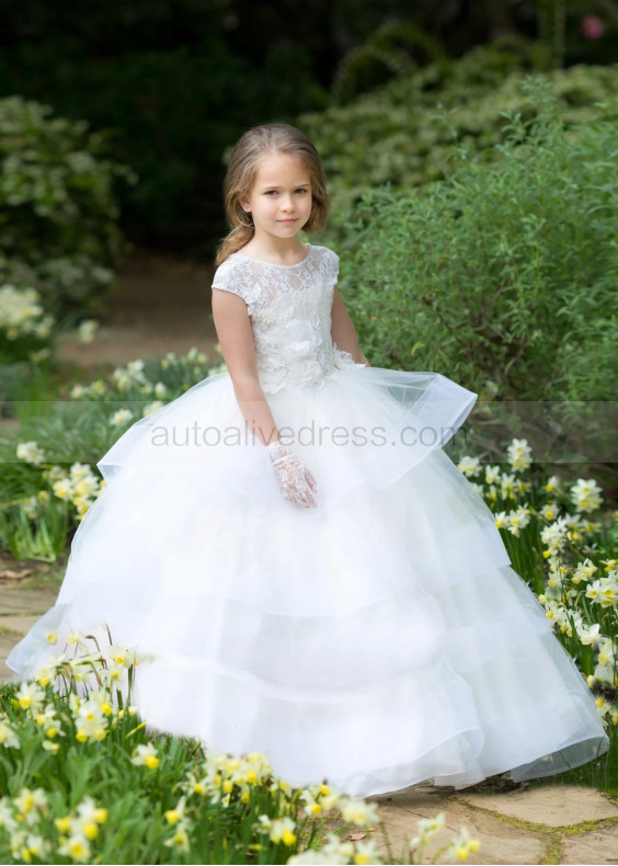 Beaded Neck Ivory Lace Tulle Flower Girl Dress With Horsehair Trim